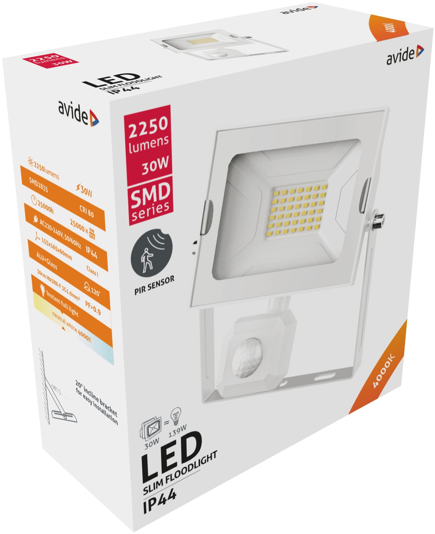 Avide LED Reflektor Slim SMD 30W NW 4000K Mozgásérzékelős PIR Fehér Mozgásérzékelős
